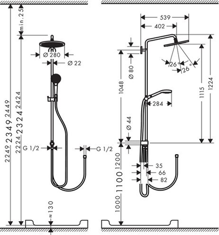 Душевая система Hansgrohe   Croma Select 280 Air 1jet Showerpipe Reno EcoSmart 26793000