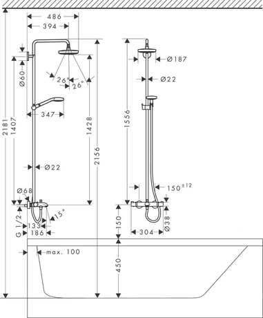 Душевая система Hansgrohe   Croma Select S 180 2jet Showerpipe 27351400