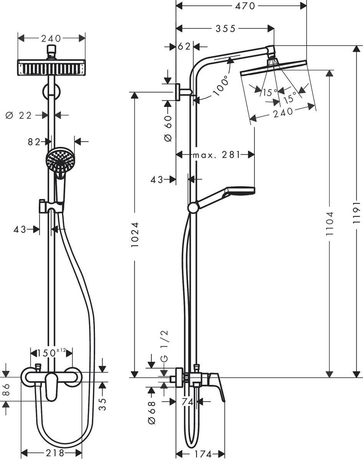 Душевая система Hansgrohe   Crometta E 240 1jet Showerpipe 27284000