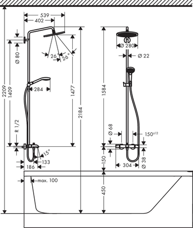 Душевая система Hansgrohe  Croma Select 280 Air 1jet Showerpipe 26792000