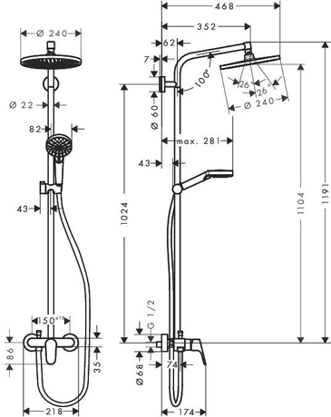 Душевая система Hansgrohe   Crometta S 240 1jet Showerpipe Ecosmart 27269000